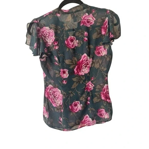 Converse One Star Floral Blouse Pink Roses over Green Flutter Sleeve Teal XS - Picture 3 of 5